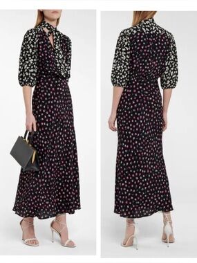 RIXO Annika Black Floral Maxi Dress With Tie Neck Size Small Mixed Print